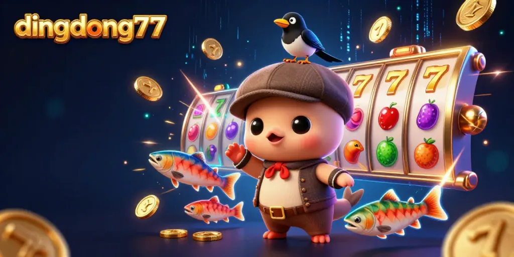 Experience exciting wins at dingdong77 with colorful slot reels and playful characters.