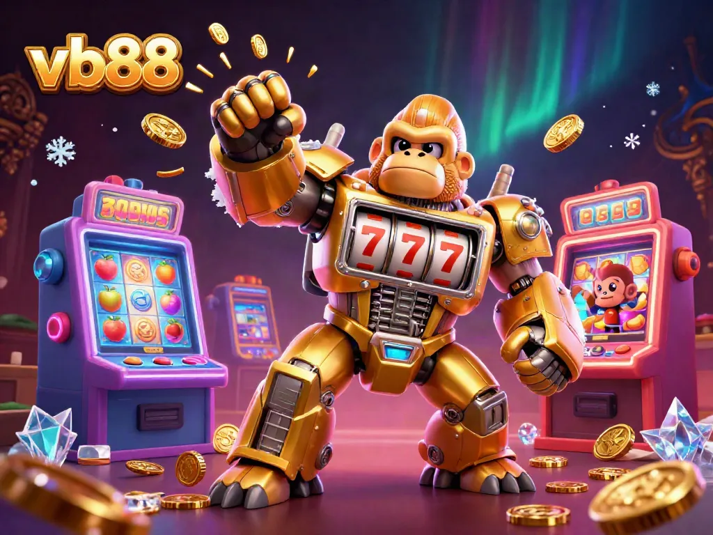 Experience excitement at vb88 with a golden gorilla mech and slot machines in a vibrant, casino-themed illustration.