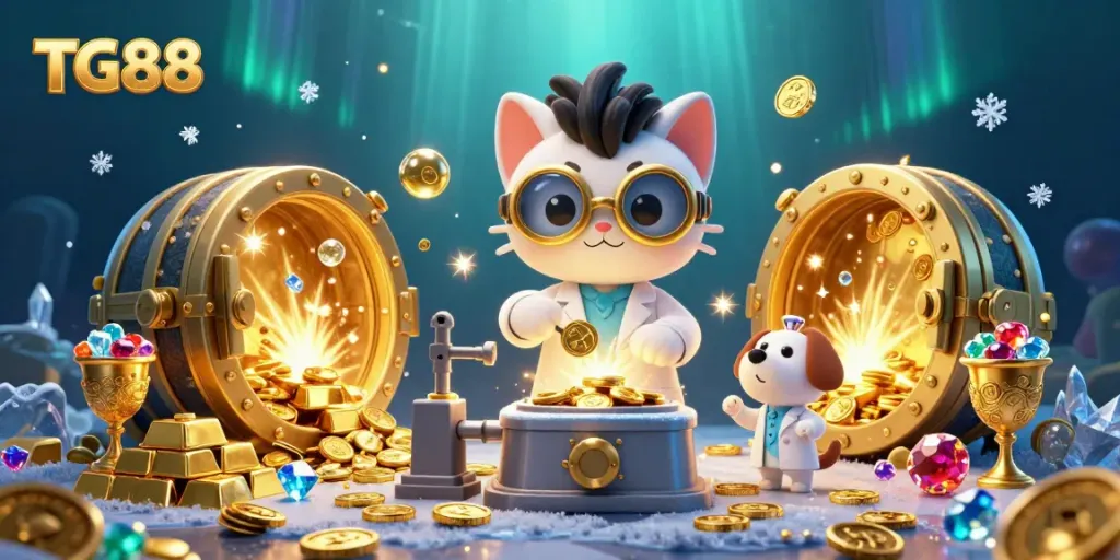 Experience exciting gambling at TG88 with a mad scientist cat and dog in a treasure-filled lab.