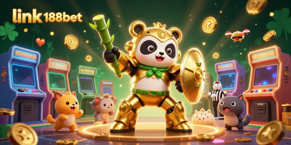 Experience the excitement at link 188bet with this vibrant 3D casino scene featuring a panda in a mech suit.