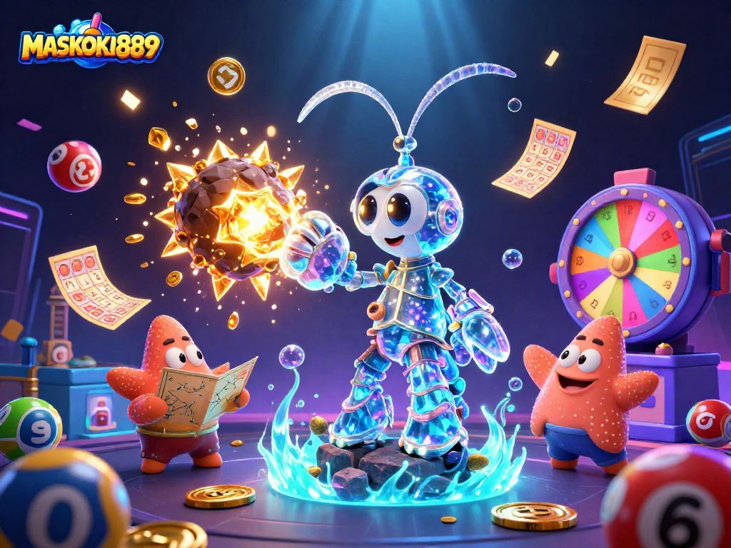 Experience winning moments at MASKOKI889 with galactic samurai shrimp and vibrant lottery elements.