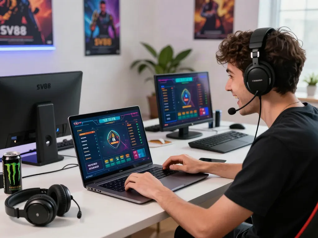 Excited player enjoying SV88 online gaming in a vibrant home office.