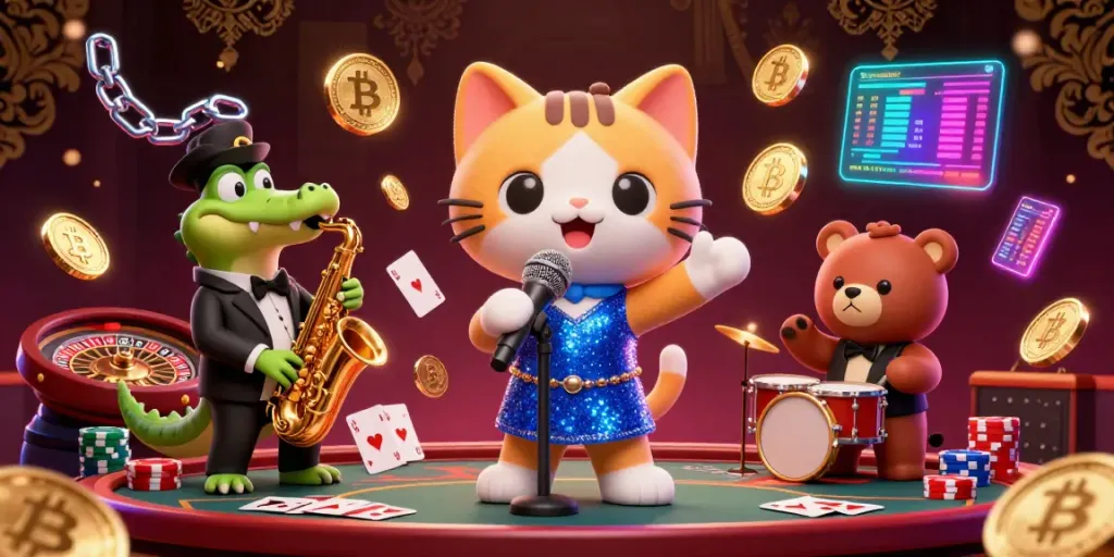 Experience the vibrant world of five88bet with a jazzy cat, crocodile, and bear in a bustling live casino.