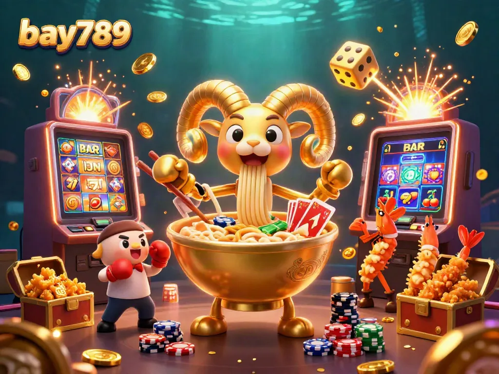 Experience the excitement of bay789 with a vibrant 3D illustration featuring unique casino characters and elements.