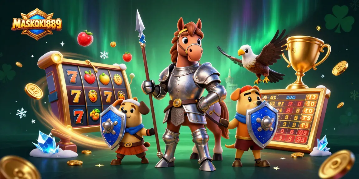 Engage with thrilling slots and jackpots at MASKOKI889 with vibrant characters in a casino setting.