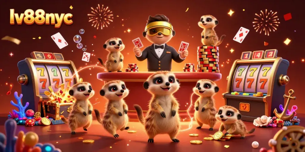 Experience the excitement of lv88nyc with meerkat characters in a vibrant casino scene.