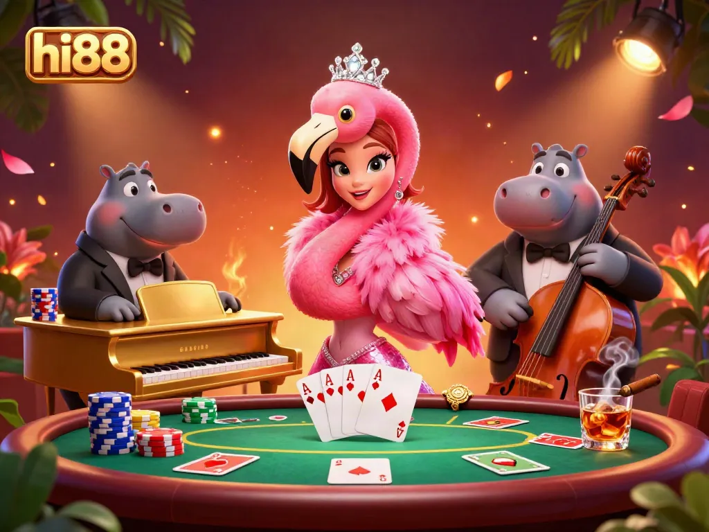 Trải nghiệm không khí sòng bạc sống động tại hi88 với ca sĩ flamingo, nhạc công hippo và những lá bài poker.