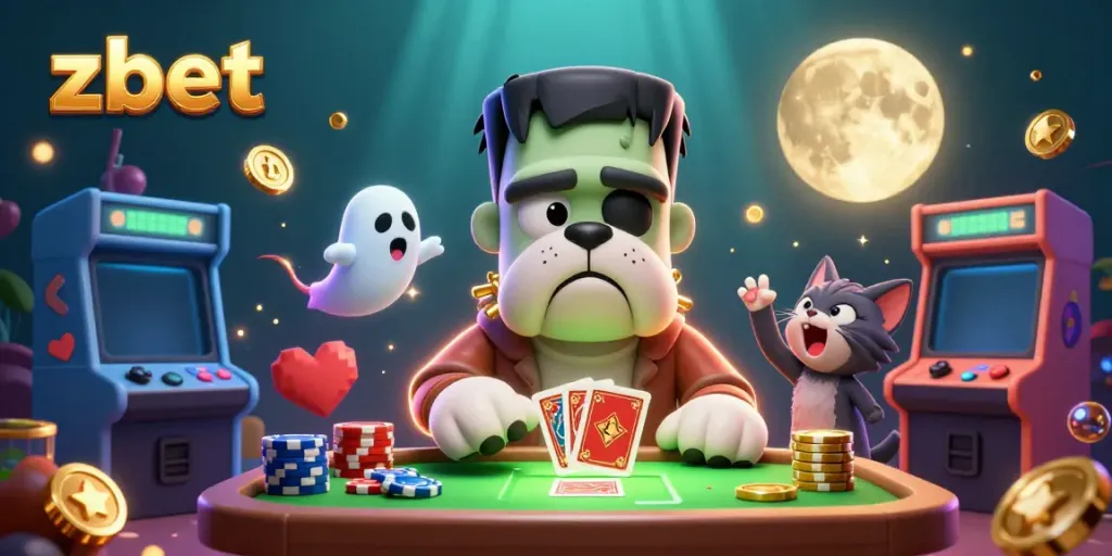 Zbet casino scene where a Frankenstein bulldog monster deals cards, enhancing the gaming experience through vibrant visuals.