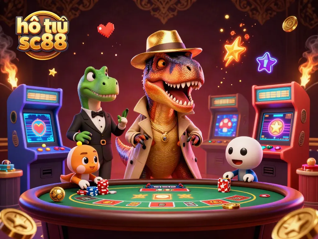 Engage with hổ trợ sc88 as a velociraptor plays cards in a vibrant casino scene.