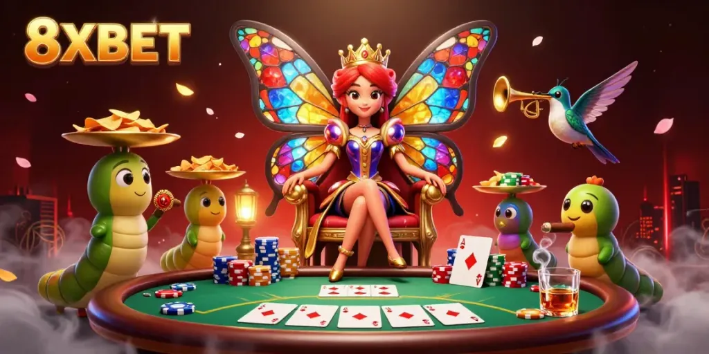 Experience the vibrant atmosphere of 8XBET with a butterfly queen and poker elements in rich detail.
