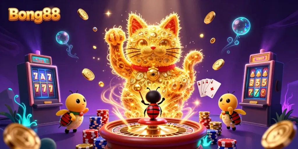 Bong88 captures the excitement of gambling with a lucky cat made of glowing fireflies and casino symbols.