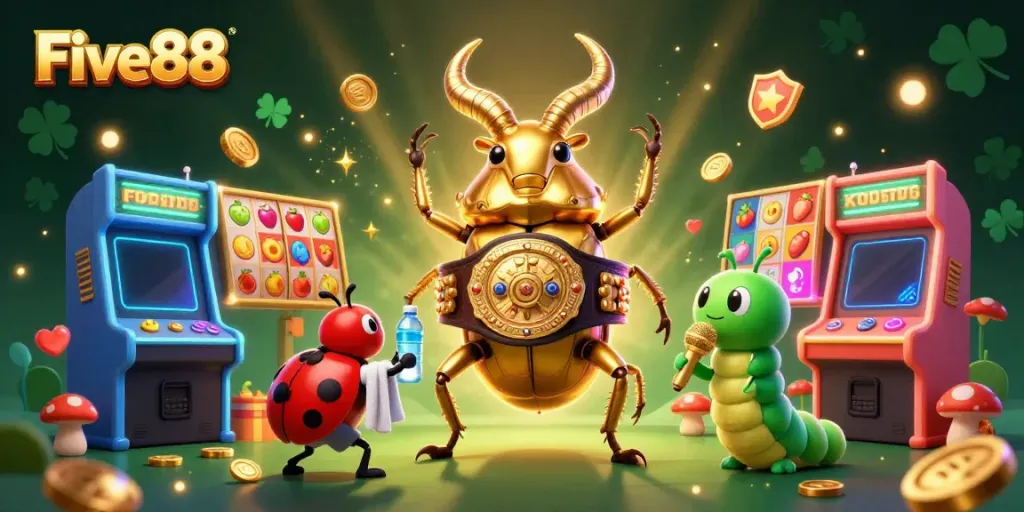 Engage in thrilling jackpot adventures at Five88 with the vibrant golden stag beetle and casino elements.