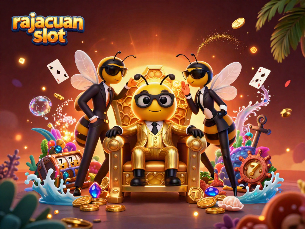 Engage with the rajacuan slot through a vivid casino scene with animated characters and vibrant elements.
