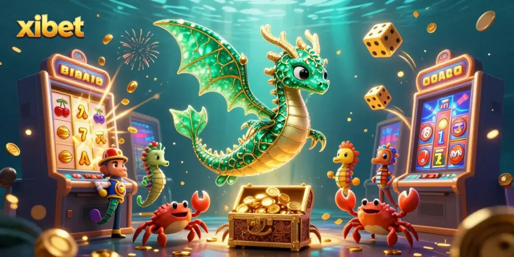 Xibet's immersive casino fantasy scene with a sea dragon and dynamic gambling elements.