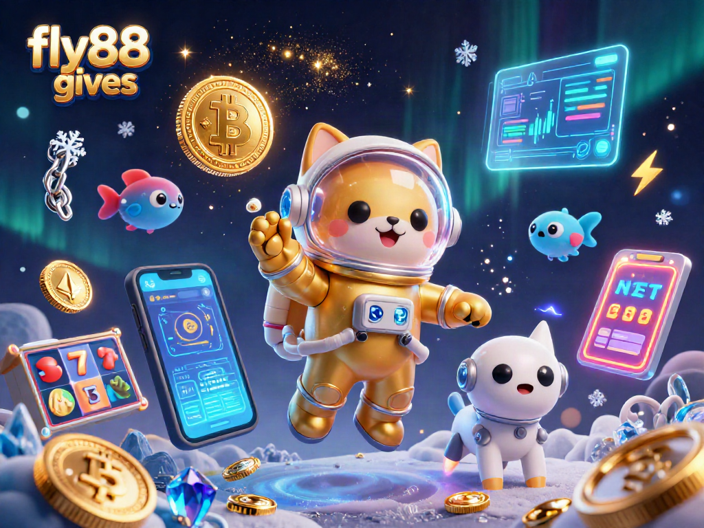 Experience thrilling gameplay with fly88 gives, featuring vibrant slot reels and glowing crypto coins.