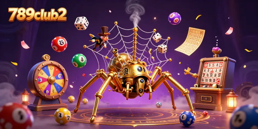 Engage with the vibrant scene of 789club2, where a golden spider spins a web of luck amidst lottery excitement.