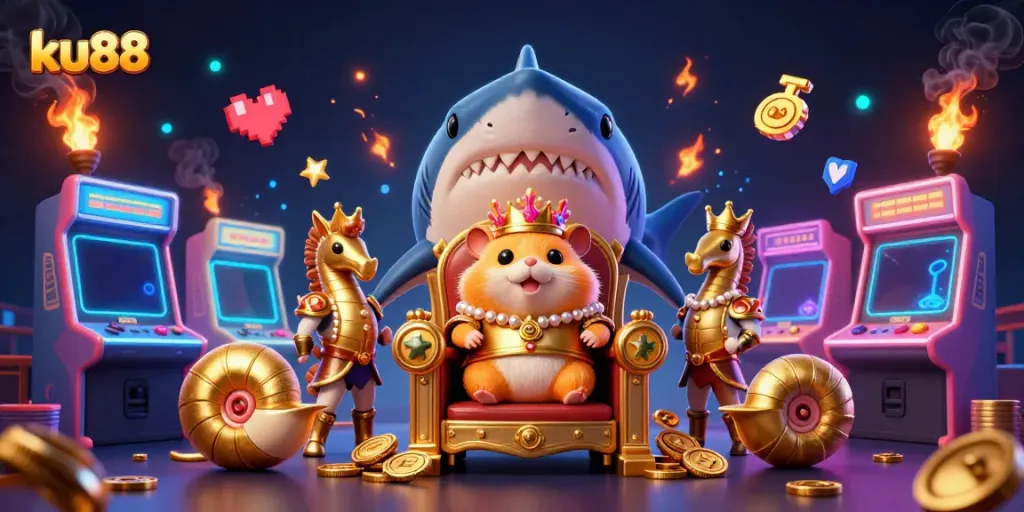 Engage with the lively 3D illustration promoting ku88's dynamic casino and gaming experience.