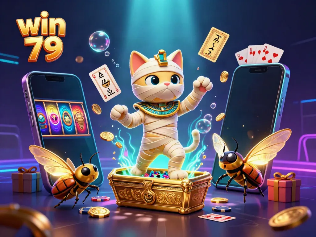 Experience win 79 adventures with a vibrant mummy cat and glowing scarab in a pyramid casino.
