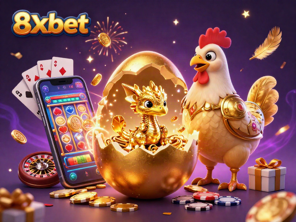 Experience the excitement of 8xbet with a dazzling golden dragon and poker chips in this vibrant 3D illustration.