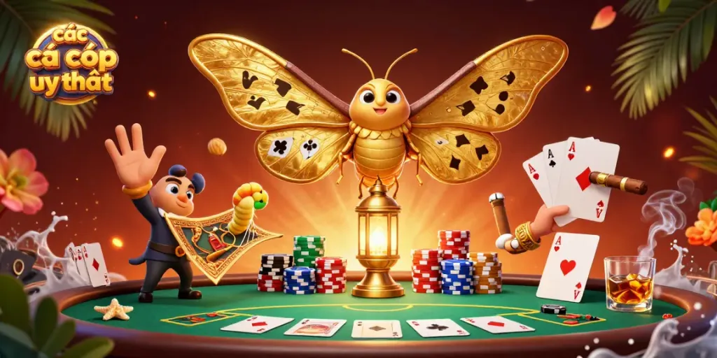 Các trang cá cược uy tín được thể hiện qua hình ảnh bướm đêm 3D với các yếu tố casino sống động và hấp dẫn.