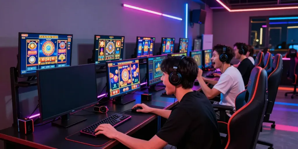 Players enjoying a vibrant gaming session on bro138, surrounded by advanced gaming setups and engaging slot games