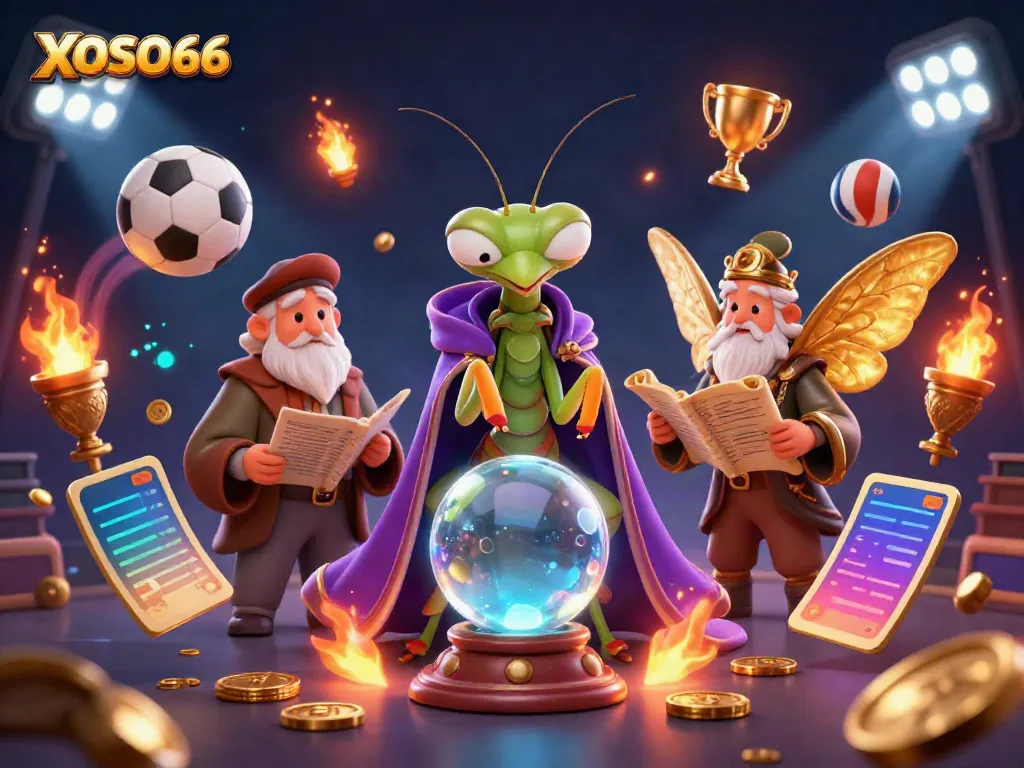 XOSO66 engages with vibrant elements showcasing gambling excitement, including animated sports ball dynamics and a mystical fortune teller.