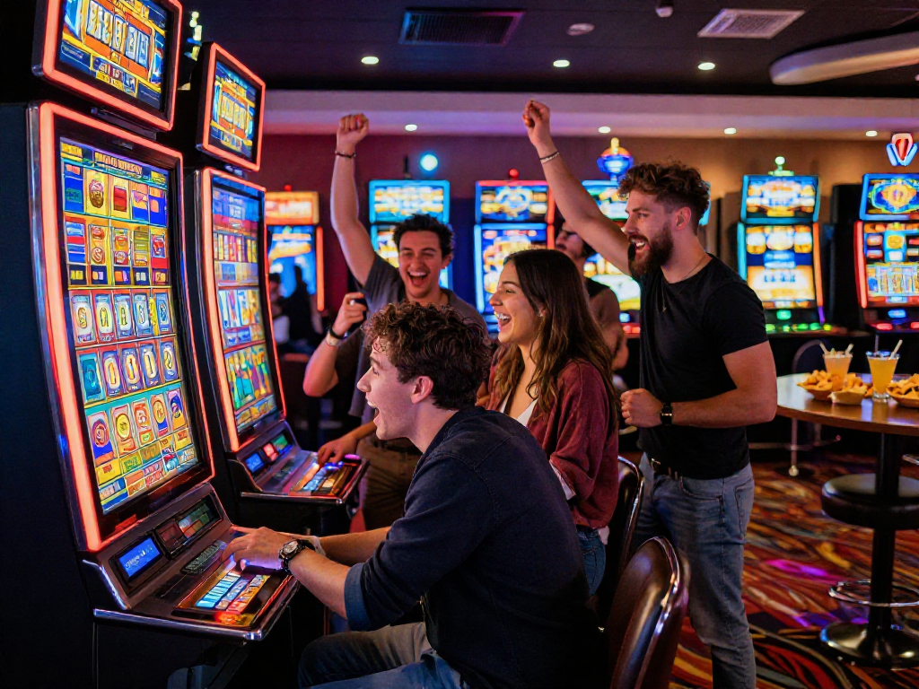 Exciting casino scene with friends celebrating a slot jackpot win, vibrant lights and dynamic atmosphere