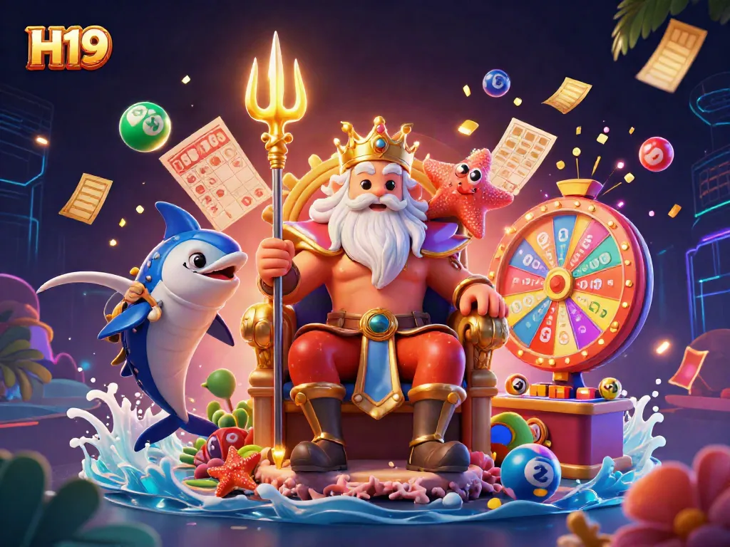 Experience H19 with vibrant lottery elements and Neptune in a rich casino-themed scene.