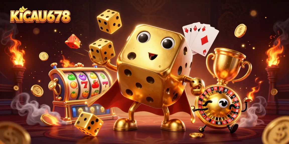 KICAU678 engaging users with an exciting scene featuring a golden dice golem, slot elements, and dynamic graphics.