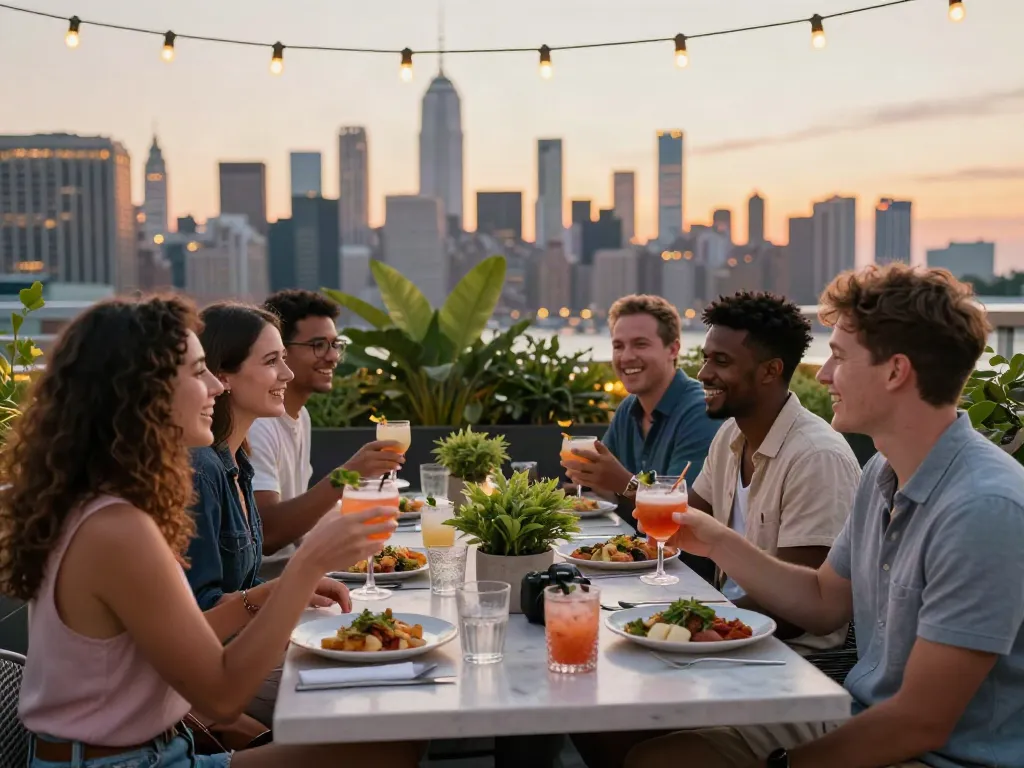 Friends enjoying cocktails and shared meals at NoHu Rooftop Bar with NYC skyline