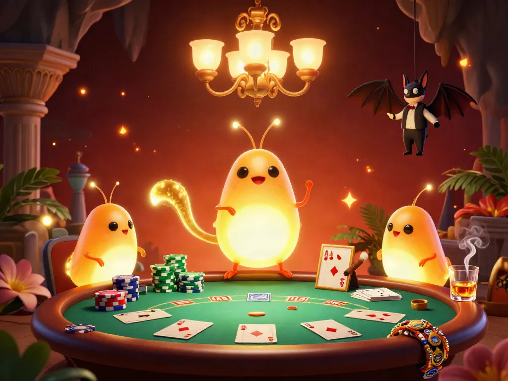 Tài Xỉu Fyi – Glowworms illuminate a vibrant casino scene packed with poker excitement.