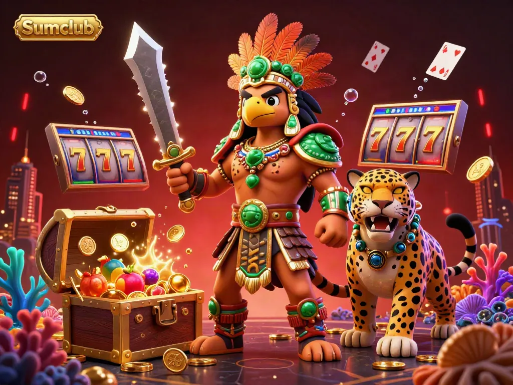 Engage in the vibrant world of Sumclub, featuring an Aztec warrior and slot machines bursting with treasure.