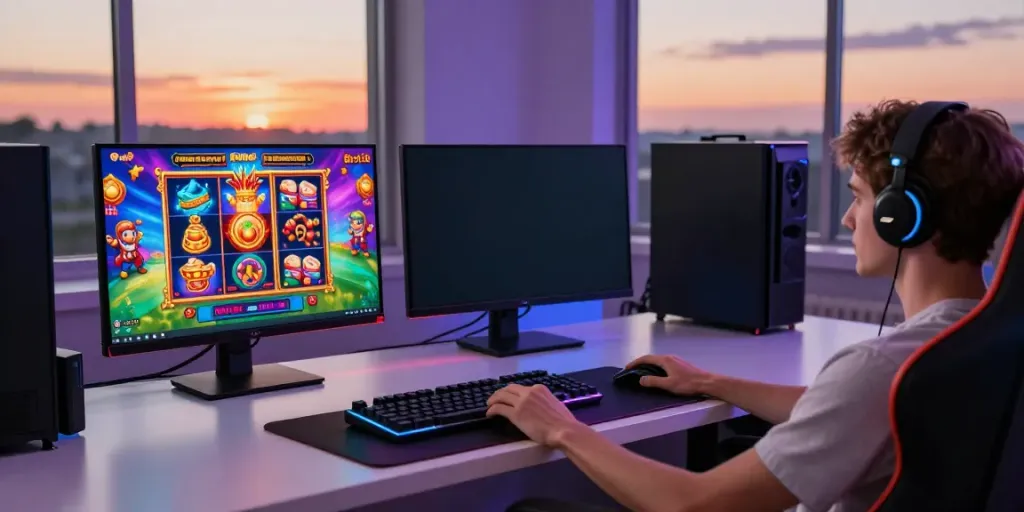 Engaging digital gaming environment showcasing Bro138 slot games setup with monitors and accessories.