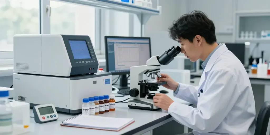Scientist analyzing peptide samples, including MOTS-c, in a modern lab environment.
