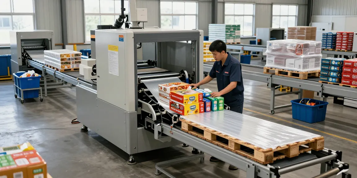 Pallet wrapping machine efficiently securing pallet loads in a modern industrial packaging facility.