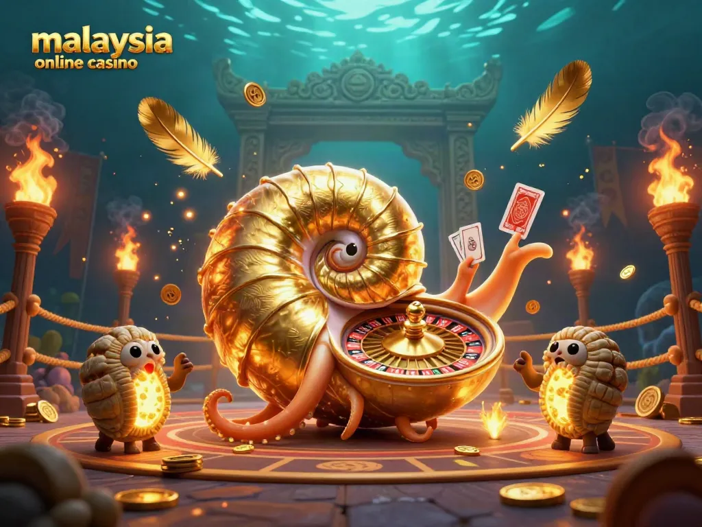 Experience the thrill of a malaysia online casino in an elaborate 3D illustration featuring a giant nautilus roulette wheel.