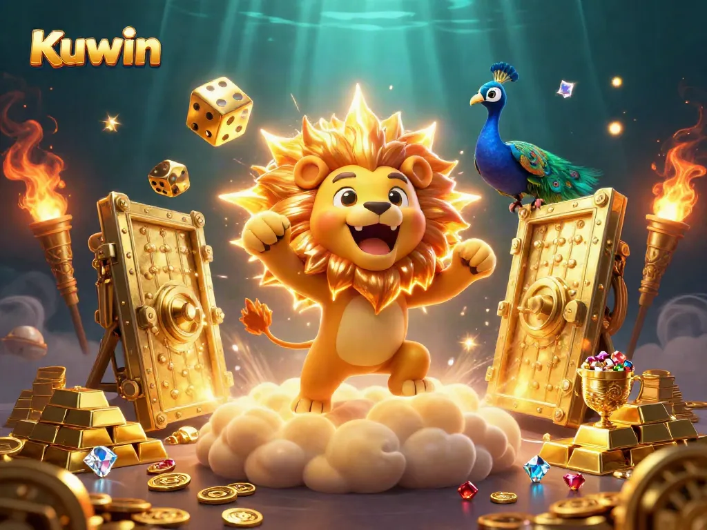 Kuwin showcases thrilling casino excitement with vibrant characters and gems bursting from a treasure vault.