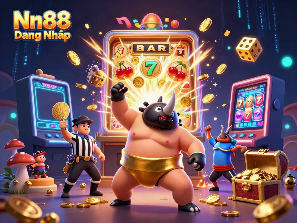 Experience the thrill of Nn88 Đăng Nhập with a vibrant 3D casino scene featuring a sumo champion beetle.