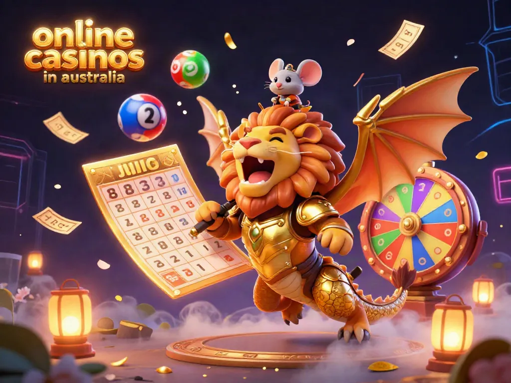 Engaging scene showcasing online casinos in Australia with a golden chimera and dynamic casino elements.