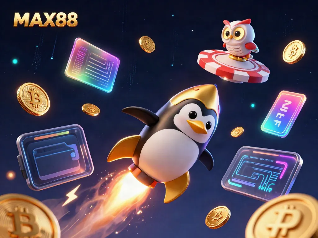 Experience MAX88 with a golden penguin blasting through space towards a casino chip, surrounded by vibrant crypto elements.