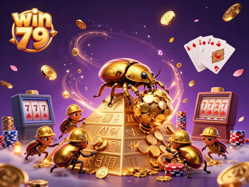 Experience win 79 with a lively casino-themed 3D illustration featuring vibrant symbols and golden elements.