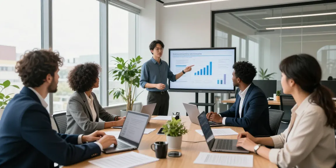 Équipe CIBC business collaborant dans un bureau moderne, discutant des stratégies financières.
