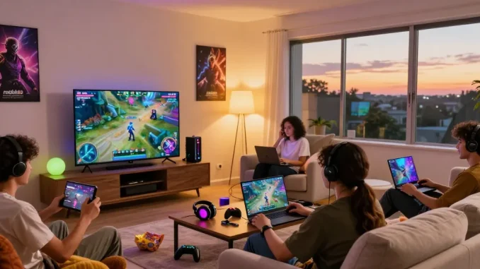 Friends enjoying the thrilling online game "rokok88" together in a cozy living room with gaming accessories.