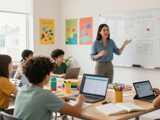 Teacher using an online teacher planner, EMStudio, in a vibrant classroom while students collaborate.