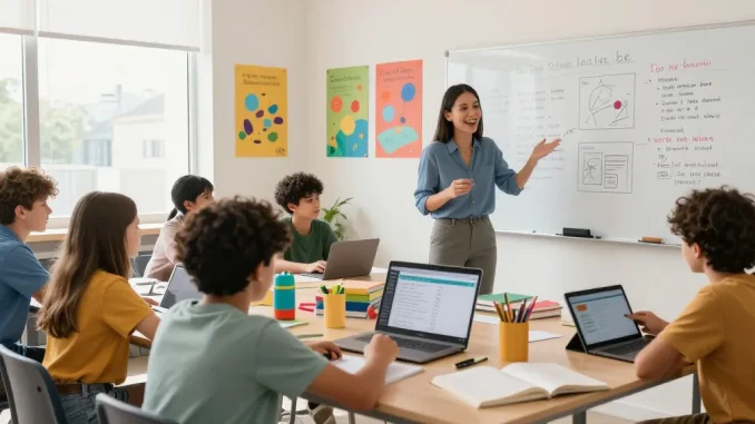 Teacher using an online teacher planner, EMStudio, in a vibrant classroom while students collaborate.