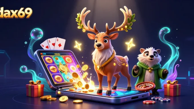 dax69 menciptakan sensasi permainan slot dengan tanduk besar, koin emas, dan cahaya mistis.