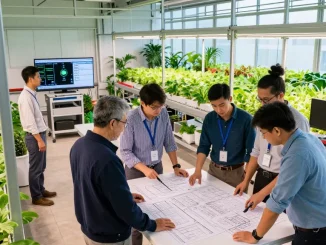 Cika4d team collaborating in a modern indoor agriculture facility, designing innovative vertical farming systems with vibrant greenery.