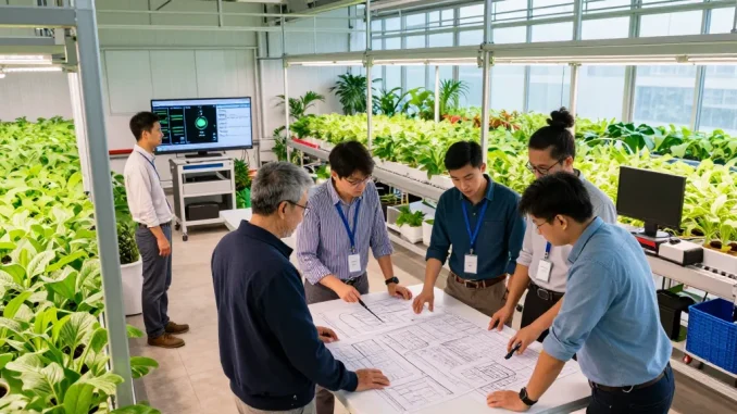 Cika4d team collaborating in a modern indoor agriculture facility, designing innovative vertical farming systems with vibrant greenery.