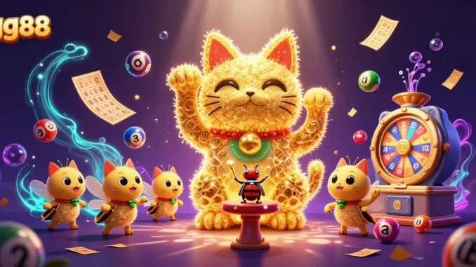 Engage with the thrilling world of gg88 as golden fireflies transform into a lucky cat amidst vibrant casino symbols.
