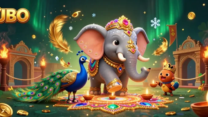 Engage with JBO’s vibrant elephant and peacock amidst a thrilling casino scene full of excitement.